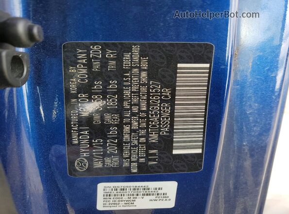KMHTC6AE5GU261527 2016 HYUNDAI VELOSTER Blue VIN კოდის სტიკერის ხედი