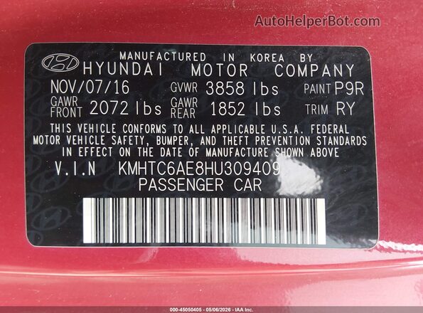 KMHTC6AE8HU309409 2017 HYUNDAI VELOSTER Red Widok komory silnika