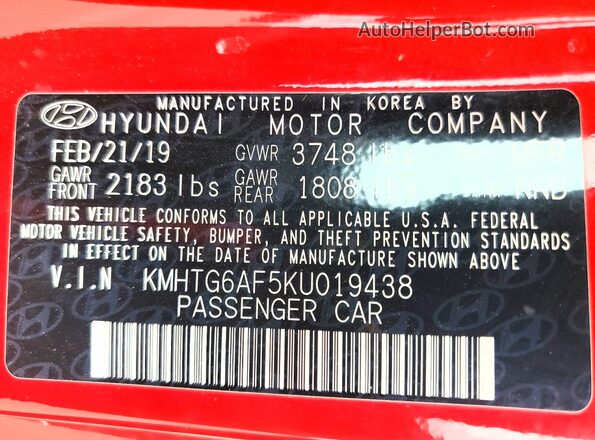 KMHTG6AF5KU019438 2019 HYUNDAI VELOSTER Красный Вид подкапотного пространства
