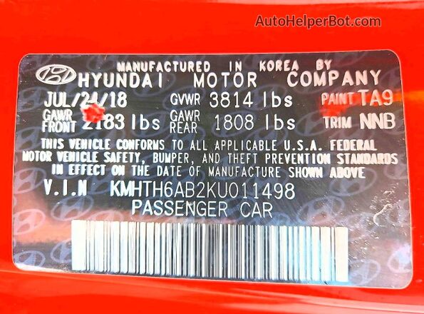 KMHTH6AB2KU011498 2019 HYUNDAI VELOSTER Orange Widok naklejki z numerem VIN