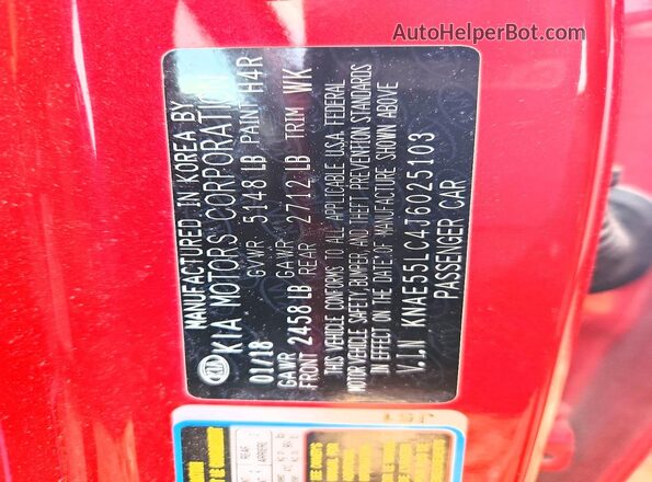 KNAE55LC4J6025103 2018 KIA STINGER Красный Вид наклейки с VIN-кодом