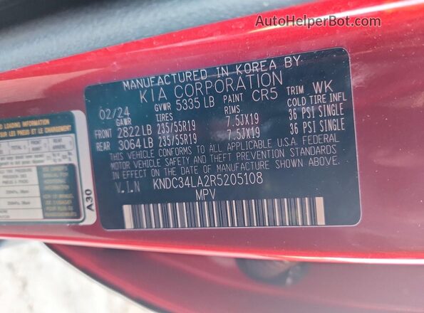 KNDC34LA2R5205108 2024 KIA EV6 Красный Вид наклейки с VIN-кодом