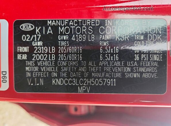 KNDCC3LC2H5057911 2017 KIA NIRO Red Vista del compartimento del motor