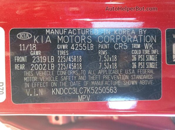 KNDCC3LC7K5250563 2019 KIA NIRO Red Widok naklejki z numerem VIN