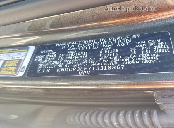 KNDCP3LE7T5318867 2026 KIA NIRO Gray Widok naklejki z numerem VIN