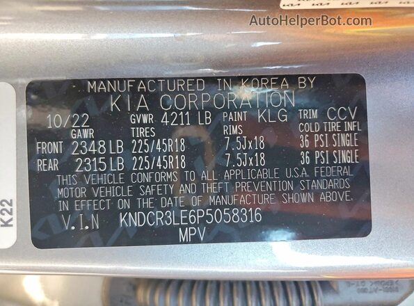 KNDCR3LE6P5058316 2023 KIA NIRO Серый Вид наклейки с VIN-кодом