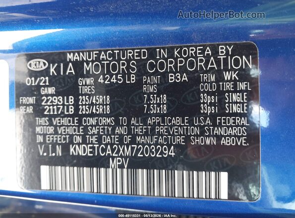 KNDETCA2XM7203294 2021 KIA SELTOS Blue Widok komory silnika