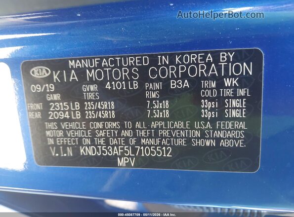 KNDJ53AF5L7105512 2020 KIA SOUL Blue Շարժիչի բաժամունքի տեսք