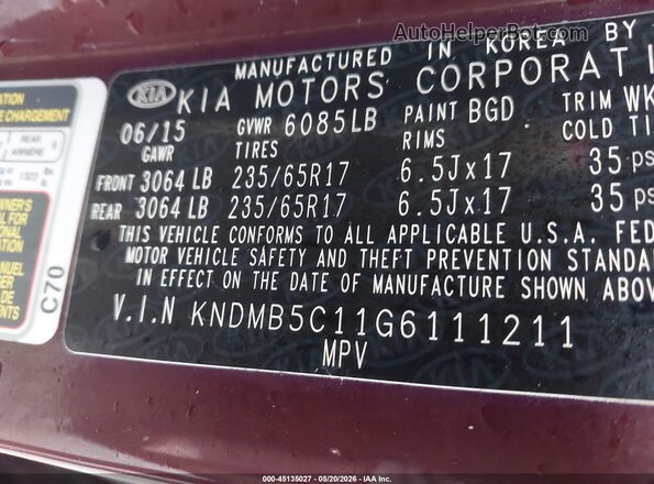 KNDMB5C11G6111211 2016 KIA SEDONA Burgundy Widok komory silnika