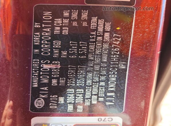 KNDMB5C11H6267427 2017 KIA SEDONA Burgundy Widok naklejki z numerem VIN