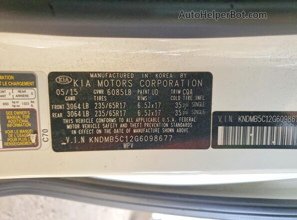 KNDMB5C12G6098677 2016 KIA SEDONA White Vista de la etiqueta del VIN