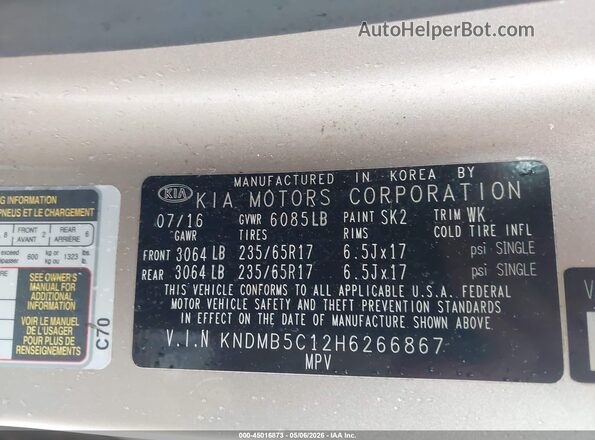 KNDMB5C12H6266867 2017 KIA SEDONA Gold Widok komory silnika
