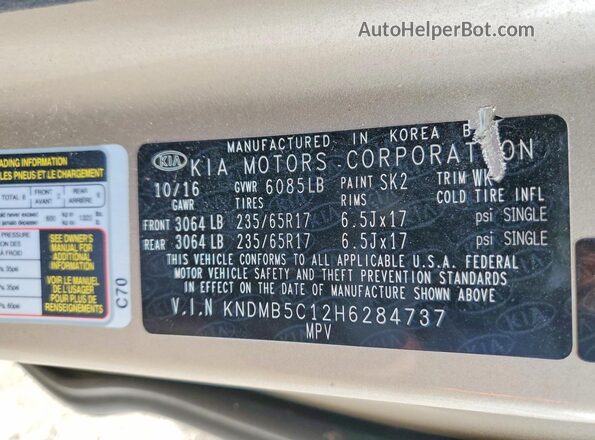 KNDMB5C12H6284737 2017 KIA SEDONA Золотой Вид наклейки с VIN-кодом