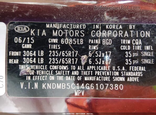 KNDMB5C14G6107380 2016 KIA SEDONA Maroon Widok komory silnika