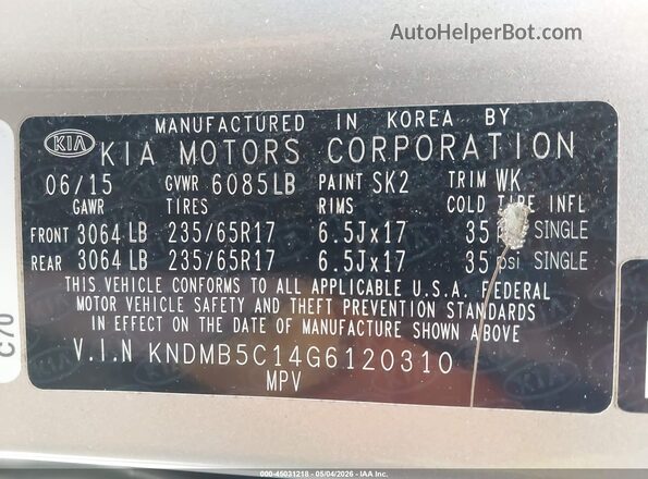 KNDMB5C14G6120310 2016 KIA SEDONA Кремовый Вид подкапотного пространства