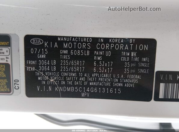 KNDMB5C14G6131615 2016 KIA SEDONA White Widok komory silnika