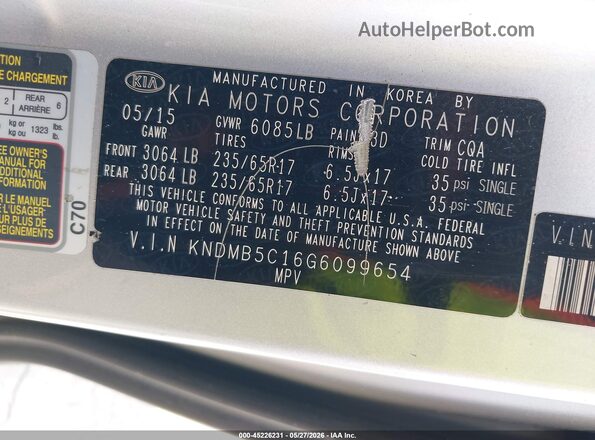 KNDMB5C16G6099654 2016 KIA SEDONA Серебряный Вид подкапотного пространства