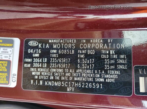 KNDMB5C17H6226591 2017 KIA SEDONA Burgundy VIN sticker view