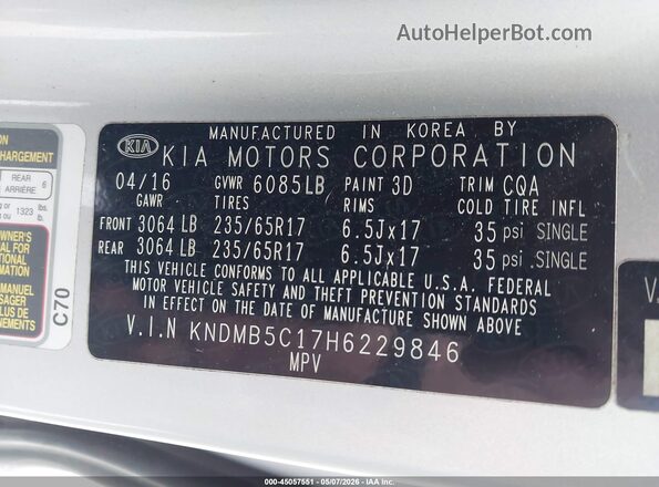 KNDMB5C17H6229846 2017 KIA SEDONA Silver Вид підкапотного простору