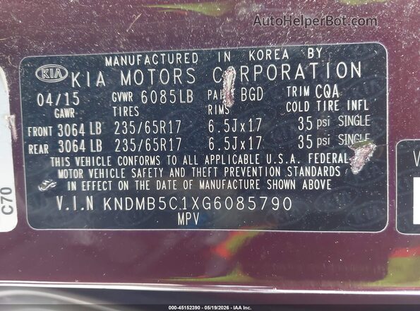 KNDMB5C1XG6085790 2016 KIA SEDONA Burgundy Widok komory silnika