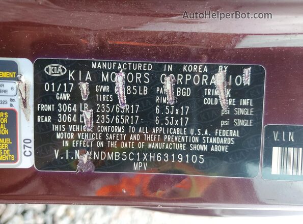 KNDMB5C1XH6319105 2017 KIA SEDONA Темно-бордовый Вид наклейки с VIN-кодом