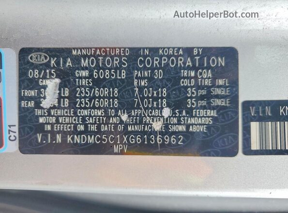 KNDMC5C1XG6136962 2016 KIA SEDONA Серебряный Вид наклейки с VIN-кодом