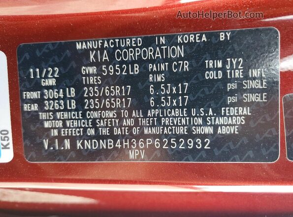 KNDNB4H36P6252932 2023 KIA CARNIVAL Red VIN sticker view
