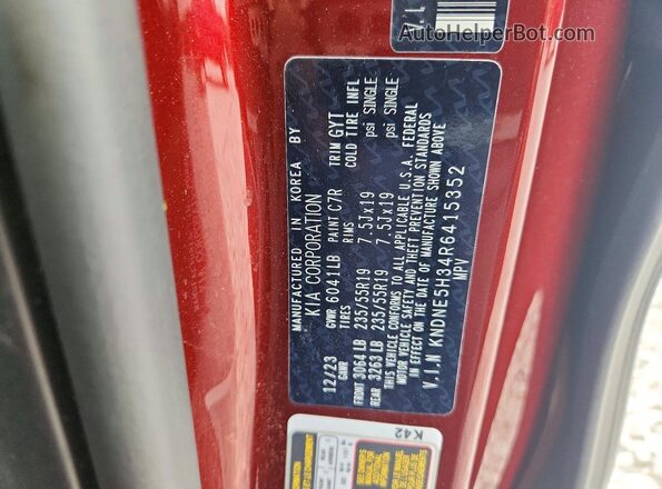 KNDNE5H34R6415352 2024 KIA CARNIVAL Maroon Widok naklejki z numerem VIN
