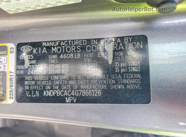KNDPBCAC4G7866126 2016 KIA SPORTAGE Серый Вид наклейки с VIN-кодом