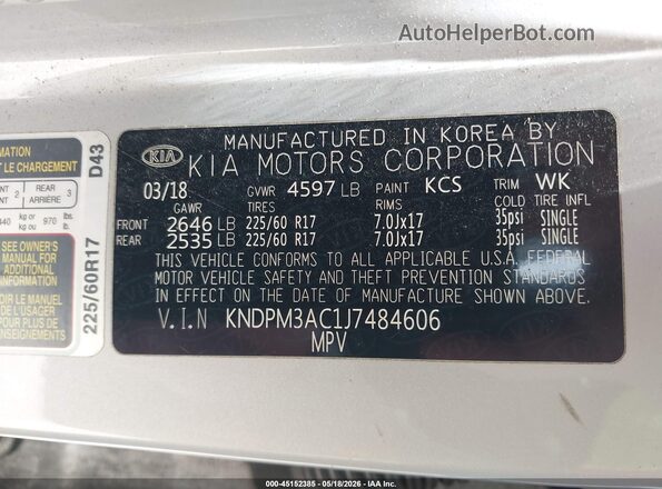 KNDPM3AC1J7484606 2018 KIA SPORTAGE Серебряный Вид подкапотного пространства