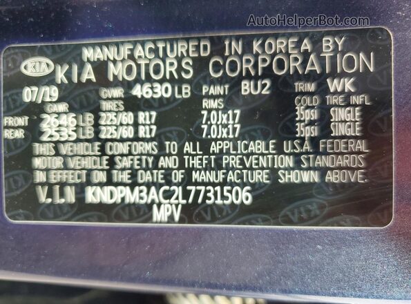 KNDPM3AC2L7731506 2020 KIA SPORTAGE Blue Շարժիչի բաժամունքի տեսք