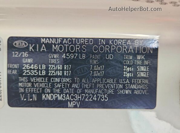 KNDPM3AC3H7224735 2017 KIA SPORTAGE White VIN კოდის სტიკერის ხედი
