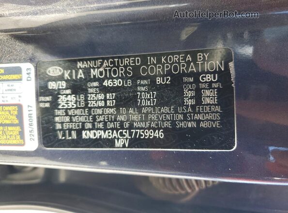 KNDPM3AC5L7759946 2020 KIA SPORTAGE Blue VIN კოდის სტიკერის ხედი