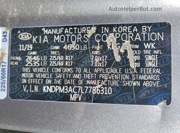 KNDPM3AC7L7786310 2020 KIA SPORTAGE Gray Вид наклейки з VIN-кодом
