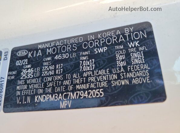 KNDPM3AC7M7942055 2021 KIA SPORTAGE Белый Панорамный вид салона 360°