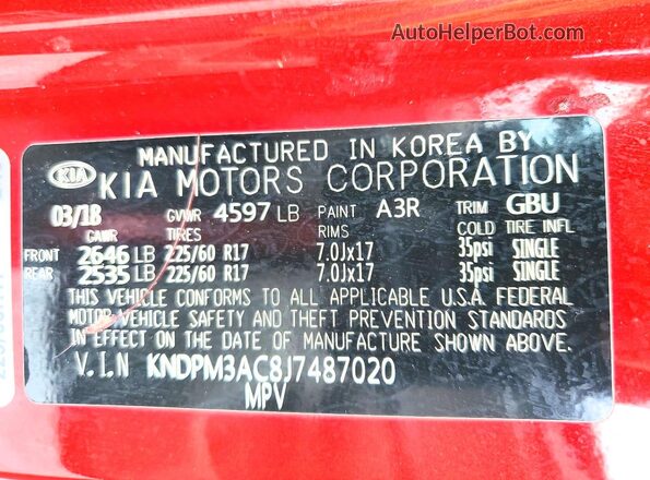 KNDPM3AC8J7487020 2018 KIA SPORTAGE Красный Вид наклейки с VIN-кодом