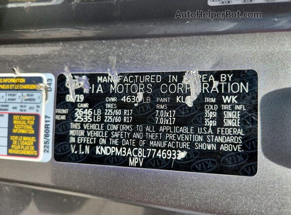 KNDPM3AC8L7746933 2020 KIA SPORTAGE Серый Вид наклейки с VIN-кодом