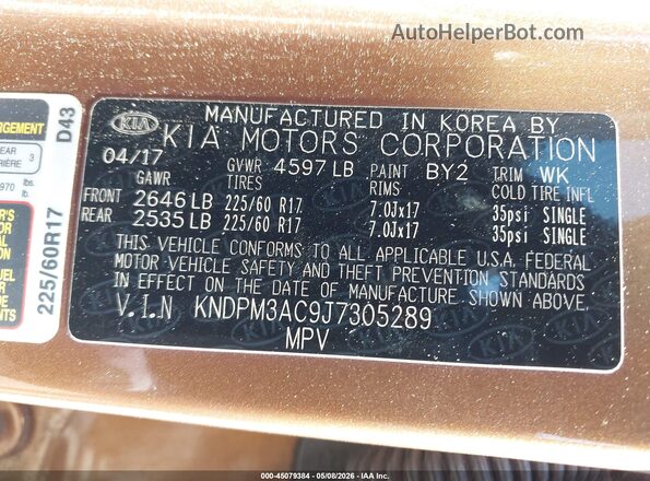 KNDPM3AC9J7305289 2018 KIA SPORTAGE Brown Widok komory silnika