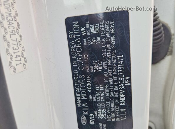 KNDPM3AC9L7731471 2020 KIA SPORTAGE White VIN sticker view