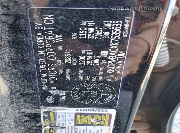 KNDPM3ACXK7535635 2019 KIA SPORTAGE Черный Вид наклейки с VIN-кодом