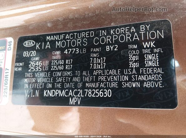 KNDPMCAC2L7825630 2020 KIA SPORTAGE Brown Вид підкапотного простору