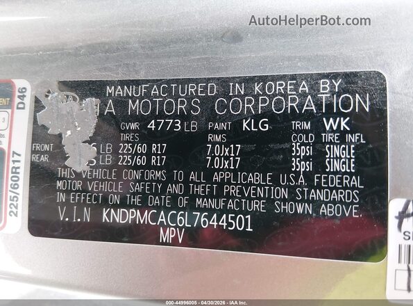 KNDPMCAC6L7644501 2020 KIA SPORTAGE Gray Widok komory silnika
