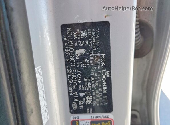 KNDPMCAC7L7780894 2020 KIA SPORTAGE Silver VIN კოდის სტიკერის ხედი