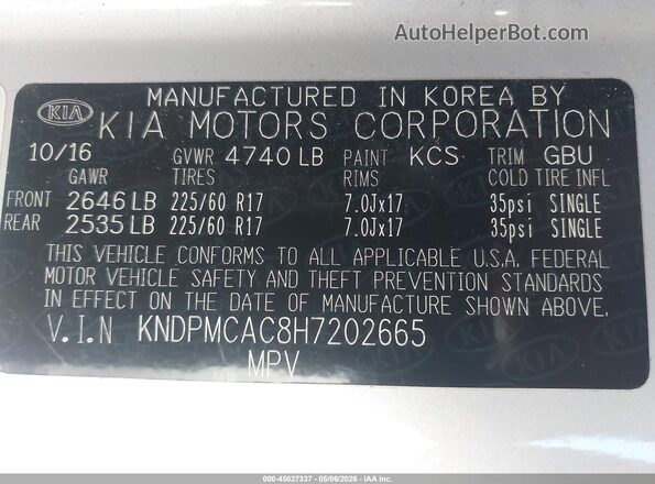 KNDPMCAC8H7202665 2017 KIA SPORTAGE Silver Widok komory silnika