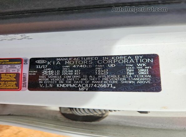 KNDPMCAC8J7426671 2018 KIA SPORTAGE White Widok naklejki z numerem VIN