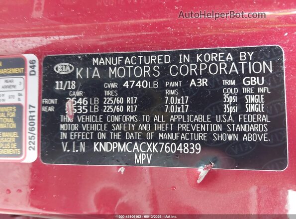 KNDPMCACXK7604839 2019 KIA SPORTAGE Красный Вид подкапотного пространства