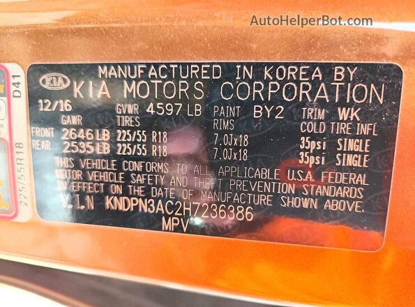KNDPN3AC2H7236386 2017 KIA SPORTAGE Оранжевый Вид наклейки с VIN-кодом