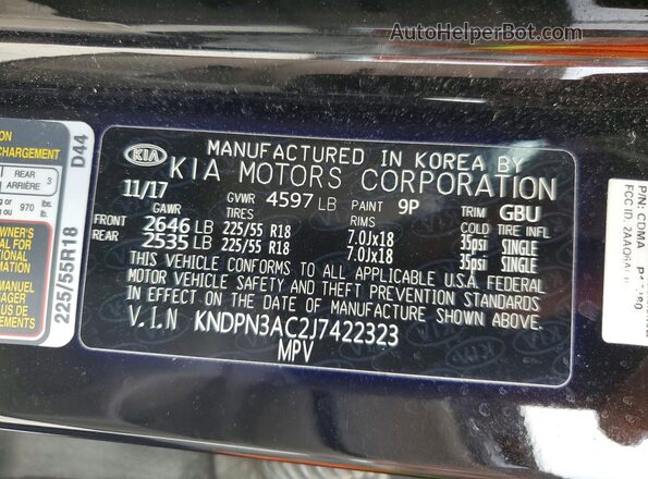 KNDPN3AC2J7422323 2018 KIA SPORTAGE Black Вид наклейки з VIN-кодом