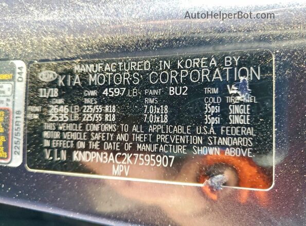 KNDPN3AC2K7595907 2019 KIA SPORTAGE Blue VIN კოდის სტიკერის ხედი