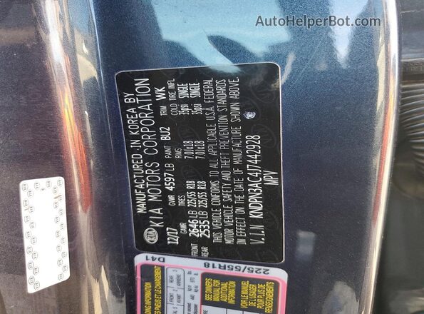 KNDPN3AC4J7442928 2018 KIA SPORTAGE Gray VIN კოდის სტიკერის ხედი